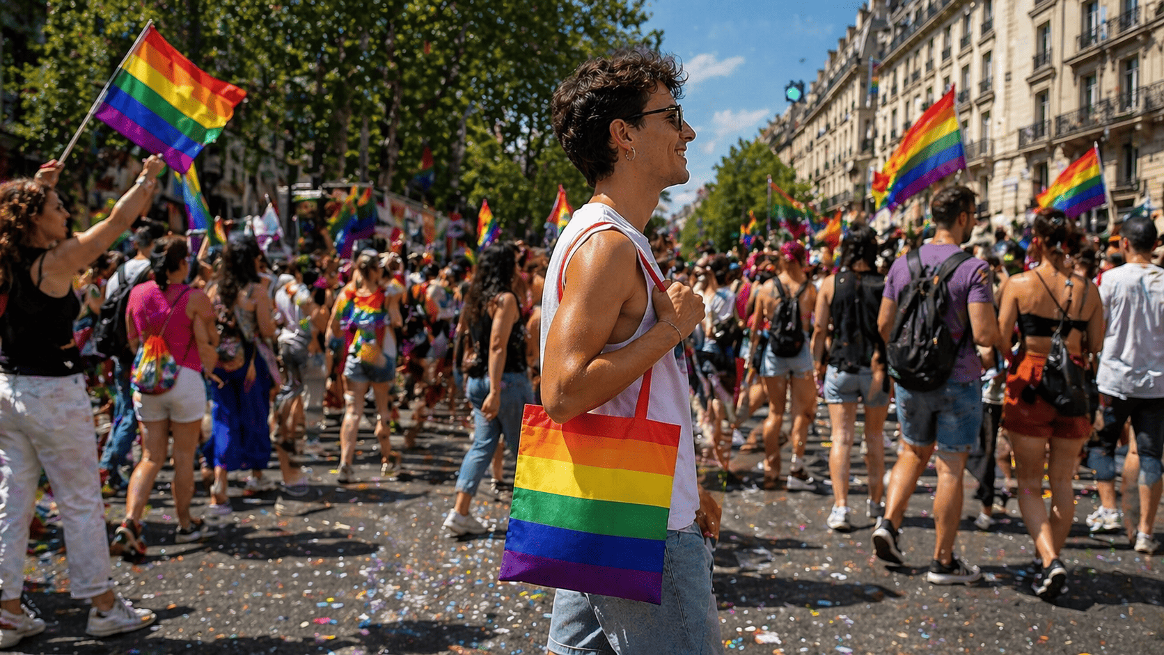 Homme avec un tote bag arc-en-ciel pendant la Pride